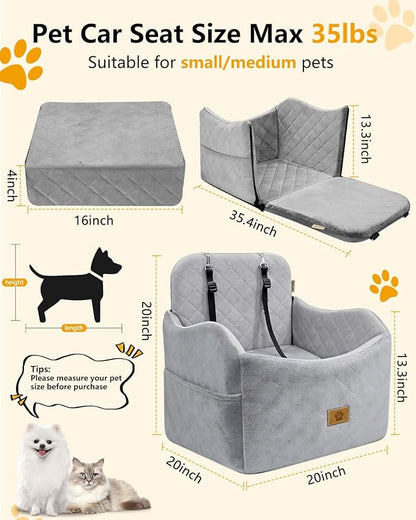 Dog Car Seat for Small/Medium Dogs Up to 35 lbs, 2-in-1 Pet Car Seat with Memory Foam, Machine Washable Dog Bed for Cars, Non-Slip Pet Booster Carseat with Safety Leashes, Storage Pockets (Grey)