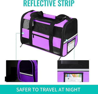 Large Airline Approved Cat Carrier Dog Carriers for Dogs Under 25 Lbs, Collapsible Soft Sided Travel Carriers for Puppy Kitten, Purple
