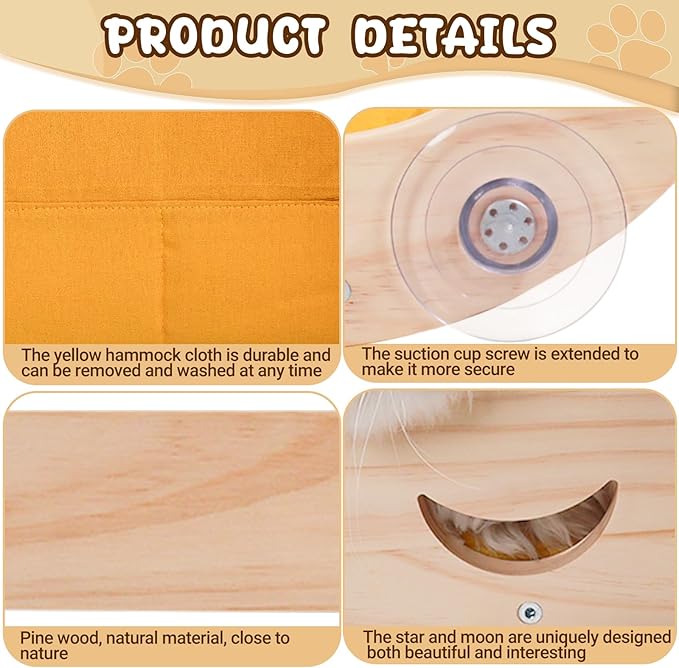 Cat Hammock Moon Bed Window Mounted Hammock Strong Suction Cup Shelves and Perches Solid Wood Furniture Platforms Beds Hanging for Cats and Kitty Easy Installation Single Moon