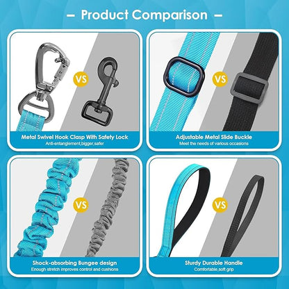 AUBELL Tactical Dog Leash Heavy Duty,4-6ft Reflective Strong No Pull Bungee Leash for Medium Large Dogs with Comfortable Padded Double Handle,Car Seat Belt,360 Degree Rotating Carabiner,Blue