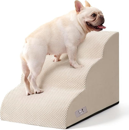 Dog Stairs for Small Dogs and Cats – 3 Step Pet Ramp for Couch & Sofa, Non-Slip Dog Steps for Pets, Washable Cover, High-Density Support Foam for Easy Climbing,Beige