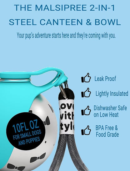 2-in-1 Dog Water Bottle & Bowl: Round Stainless Steel Portable Dog Bottle Water Dispenser for Small Dogs, Walking & Hiking(10oz/285ml) (2-Blue-c)