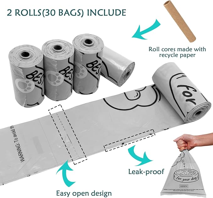 Dog Poop Bag Holder with Leash Clip, Adjustable Strap & 2-Side Hooks for Used Dog Waste Bags (Blue Grey)
