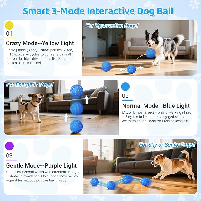Self-Moving Dog Toy Ball for Small Medium Dogs, 6In Automatic Rolling Bouncing Vibrating Dog Ball, E-TPU Chew-Proof Waterproof, Anxiety Relief Boredom Buster for Indoor Outdoor, O18-Blue
