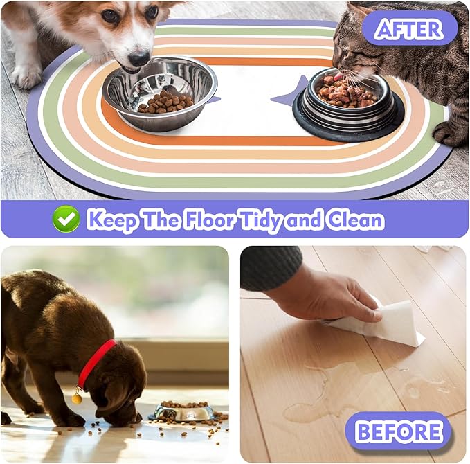 Dog Feeding Mat 24''x16'', Absorbent Pet Food Mat, No Stains Quick Dry Pet Water Mat Protect Floor, Cat Dog Water Bowl Mat for Messy Drinkers, Non-Slip Rubber Base Pet Placemats for Food and Water