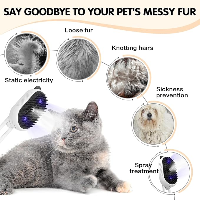 Cat Steam Brush, 3-in-1 Steamy Cat Brush for Shedding and Grooming, Pet Misting Brushs for Indoor Cats and Dogs, Rechargeable Cats Hair Brushs with Soft Silicone Bristles for Massaging, White