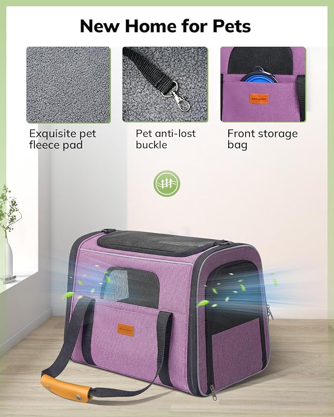 Morpilot Pet Travel Carrier Bag, Soft-Sided Dog Carrier Cat Carrier Pet Carrier, for Large Cats and Medium Puppies up to 25lbs, with Locking Safety Zippers, Foldable Bowl (Purple)