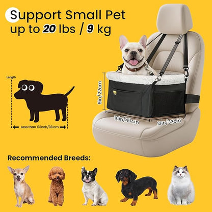 Conlun Dog Car Seat Booster for Small Pet Under 20lbs, Portable Travel Puppy Car Seat with Internal Steel Frame, Comfort Cushion & Storage Pockets, Adjustable Straps Fit Most Cars, Black