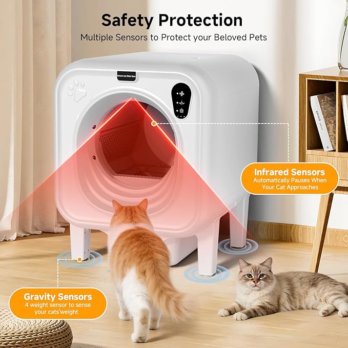 Self Cleaning Litter Box, Extra Large Automatic Cat Litter Box Self Cleaning for Multiple Cats, App Control, Safety Protection, Ultra-Quiet,Includes Trash Bags,White