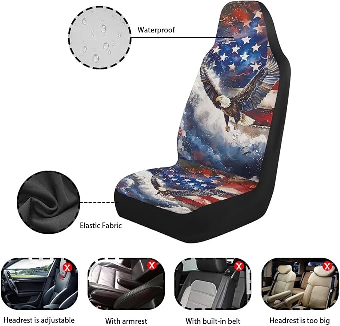 Waterproof Car Seat Cover Elastic Fabrics American Flag Eagle Car Front Seat Protector Breathable Car Seat Cover Easy Installation Universal for Cars Truck SUV Van