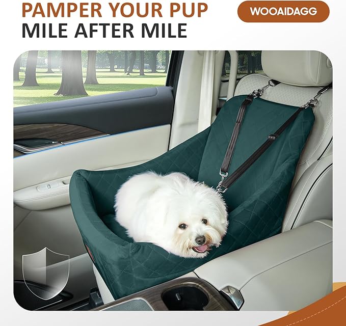 WOOAIDAGG Dog Car Seat for Medium Dogs, Pet Travel Bed with Seat Belt Channel, Fully Detachable and Washable, 3 Straps Easy to Install (Green)