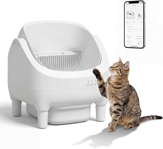 Greesum Self Cleaning Cat Litter Box – Automatic Open-Top Smart Litter Box with App Control, 15L Odor-Sealed Waste Bin, Ultra Quiet 35dB, Multi-Cat & Large Cat Compatible, with Trash Bags & Mat