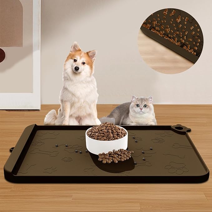 Dog Food Mat, Silicone Pet Feeding Mat With Residue Collection Pocket - Waterproof Bowl Mat for Cats and Dogs, Raised Edges, Hooks, Placemats for Food and Water