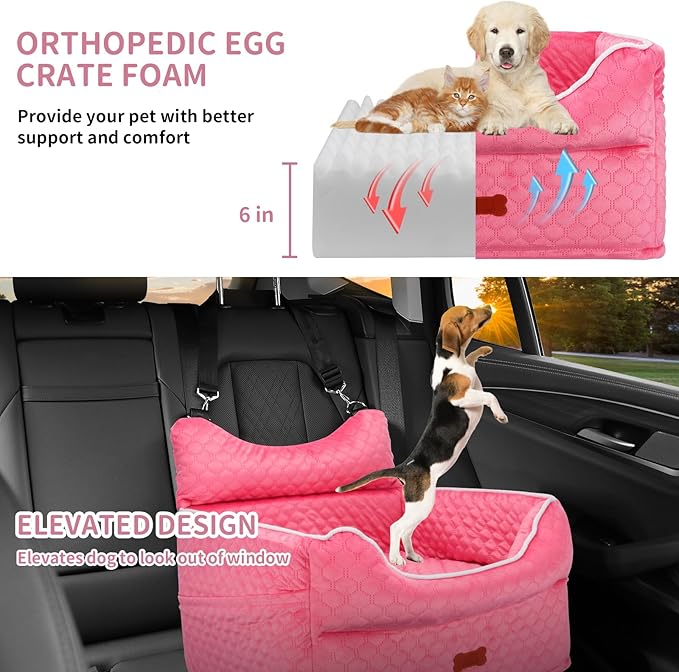 Dog Car Seat - Memory Foam Dog Booster Seat for Small Dogs Up to 25lbs-Elevated Pet Car Seat with Storage Pockets and Dog Seat Belt-Soft Pet Travel Bed for Front & Back Seats-Removable Washable-Pink