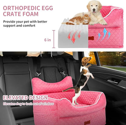 Dog Car Seat - Memory Foam Dog Booster Seat for Small Dogs Up to 25lbs-Elevated Pet Car Seat with Storage Pockets and Dog Seat Belt-Soft Pet Travel Bed for Front & Back Seats-Removable Washable-Pink