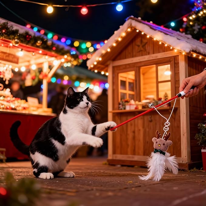 NOLITOY 3Pcs Christmas Cat Toy,Interactive Xmas Wand Sticks with Bell Attachment for Kitten Reindeer Xmas Indoor Pet Supplies