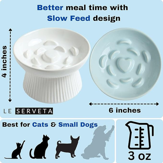 2 Pack Ceramic Slow Feeder Cat Bowl, Raised Puzzle Feeder, Anti-Vomiting, Elevated Food Bowl, Whisker Friendly (White, Blue)