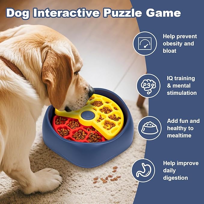 Interactive Pet Puzzle Slow Feeder Bowl - Innovative Rotating Design, Anti-Gulping, Promotes Digestion & Mental Stimulation, Non-Slip Food Dispenser for Small & Medium Dogs & Cats (Red & Yellow)