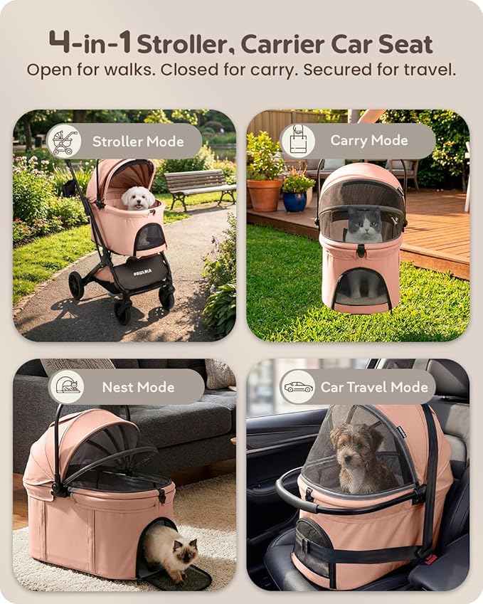 Pet Stroller with Detachable Carrier for Small, Medium Dogs & Cats, Lightweight Foldable Design, Travel-Ready, Compact Storage (Peach Pink)