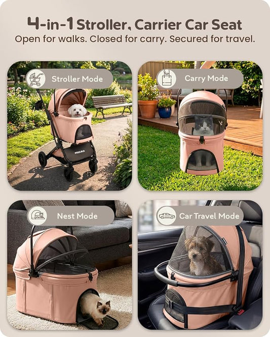 Pet Stroller with Detachable Carrier for Small, Medium Dogs & Cats, Lightweight Foldable Design, Travel-Ready, Compact Storage (Peach Pink)