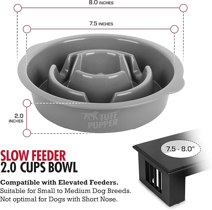 Tuff Pupper Slow Feeder Insert Bowl | Puzzle Maze Slows Down Eating | Elevated Feeder Tray Bowls | Standalone Dog Bowl | Pet Bowls Insert | Easy Clean Dishwasher Safe (2 Cups - Fits 7.5-8 Inch Hole)