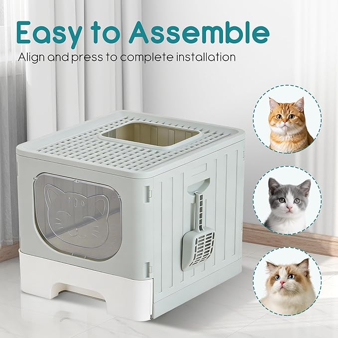 OLIXIS Cat Litter Box with Lid, Large Foldable Cat Box with Litter Scoop, Front Entry Top Exit Kitty Litter Box with Door, Easy Cleaning Drawer Design Odor Control, Grey