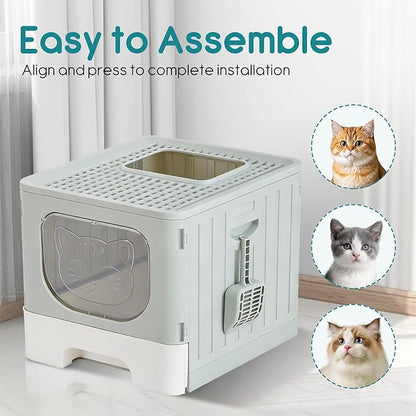 OLIXIS Cat Litter Box with Lid, Large Foldable Cat Box with Litter Scoop, Front Entry Top Exit Kitty Litter Box with Door, Easy Cleaning Drawer Design Odor Control, Grey