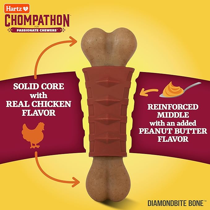 Hartz Chompathon Diamondbite Bone Dog Chew Toy for Aggressive Chewers, Double Layered Flavored with Chicken & Peanut Butter
