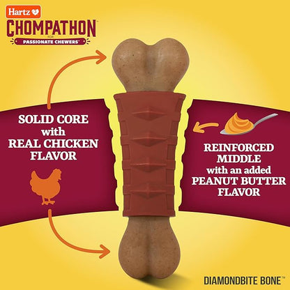 Hartz Chompathon Diamondbite Bone Dog Chew Toy for Aggressive Chewers, Double Layered Flavored with Chicken & Peanut Butter