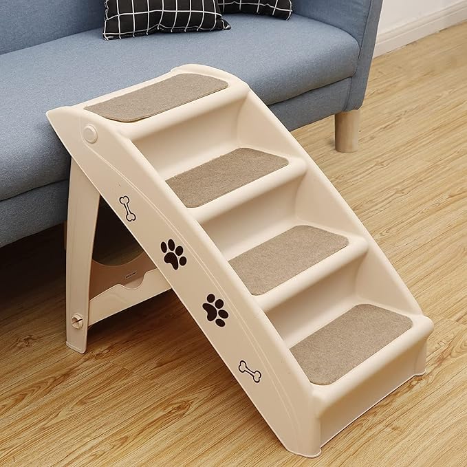 LEMY Non-Slip Foldable Steps Stairs for Dogs and Cats, 4-Step Portable Indoor Outdoor Pet Steps Ramp for Bed, Couch, Car, Tan