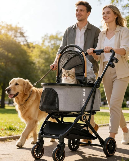 GTPLAYER 3 in 1 Pet Stroller with Removable Carrier, Foldable Stroller for Small/Medium Dogs and Cats, All-Terrain, with Sun Shades, Car Seat, Up to 45 lbs, Grey
