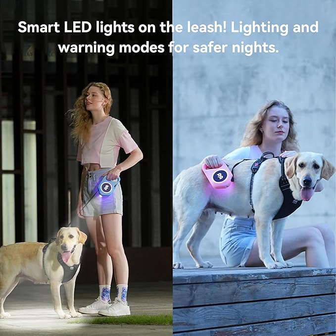 Retractable Dog Leash with Light, Pet Lead, 12-Color Ambient Lighting, Retractable Pet Lead with 360° Anti-Tangle Feature, 5-Meter Length Weighing Up to 40 kg (Blue, 2.0)