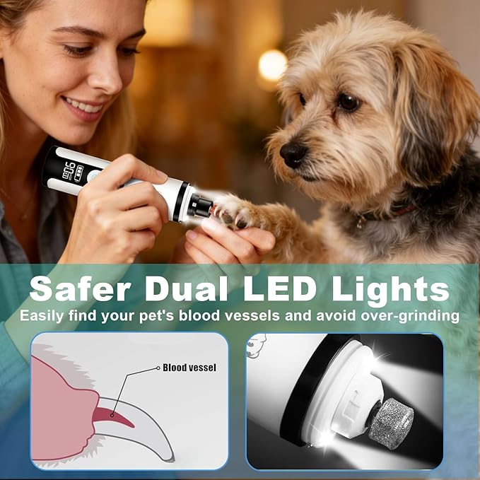 2026 New Ultra Quiet Pets Nail Grinder with 2 Lights,Adjustable 3 Speeds Dog Nail Trimmers,2000mAh Rechargeable,Painless Paws Grooming Pro for Small Medium Large Dogs & Cats (2 Replacement Heads)