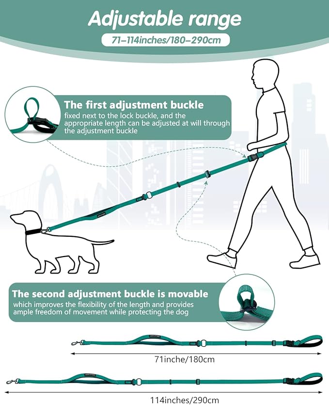 Hands Free Dog Leash, Multifunctional Crossbody Dog Leash, 5.9-9.5Ft Long Waist Belt with Car Seatbelt and Double-Sided Reflective Stitches for Medium and Large Dogs Walking, Jogging(Green)