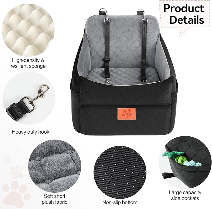 GL GLENSLAVE Dog Car Seat for Small/Medium Dogs, Dog Booster Car Seats with Thick Cushion for Dogs Under 35lbs, Detachable Washable Pet Carseat with Storage Pockets, 2 Safety Belts(Black/Grey)