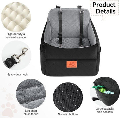 GL GLENSLAVE Dog Car Seat for Small/Medium Dogs, Dog Booster Car Seats with Thick Cushion for Dogs Under 35lbs, Detachable Washable Pet Carseat with Storage Pockets, 2 Safety Belts(Black/Grey)
