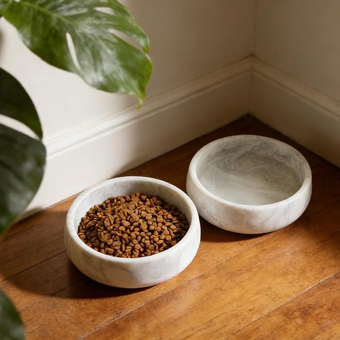 Marble Dog Bowl, 5lbs Non-Slip Cat and Dog Food Bowl Dish, Non-Tipping Weighted Puppy Pet Dish, Grey Stone Durable Food and Water Bowls, Easy to Clean, Holds 4 Cups