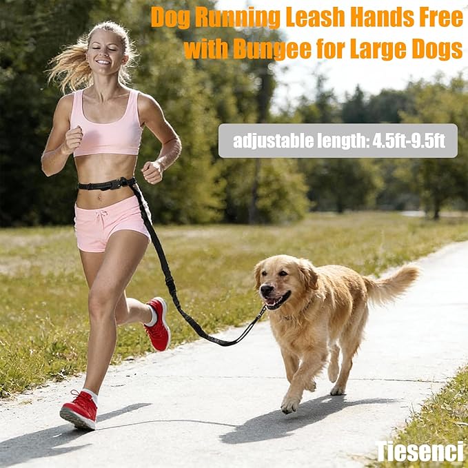 Heavy Duty No-Pull Dog Leash, 9.5ft Hands-Free Waist & Crossbody Bungee Leash with Adjustable Belt, Detachable Car Seat Belt & Reflective Strip for Large Medium Dogs, Black