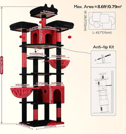 Globlazer Gothic Cat Trees and Towers for Multiple Adult Cats, 82-inch XXL Tall Goth Cat Tree Tower for Indoor Cats with Scratching Post, 3 Perches, 2 Condos, 2 Hanging Baskets, F82, Black Red