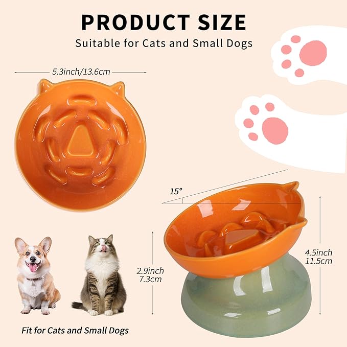 Ceramic Slow Feeder Dog Bowl, Elevated Maze Food Dish with Heavy Base, Anti Choking & Reduce Bloating, Raised Feeding Bowl for Small Medium Dogs (Orange)