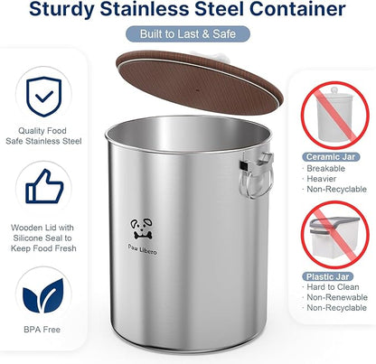 2PK 25 Lbs total 50 Lbs Stainless Steel Dog Food Storage Container with Airtight Wooden Lid & Ceramic Bone Handle, Large Metal Dog Food Bin for Dogs & Cats