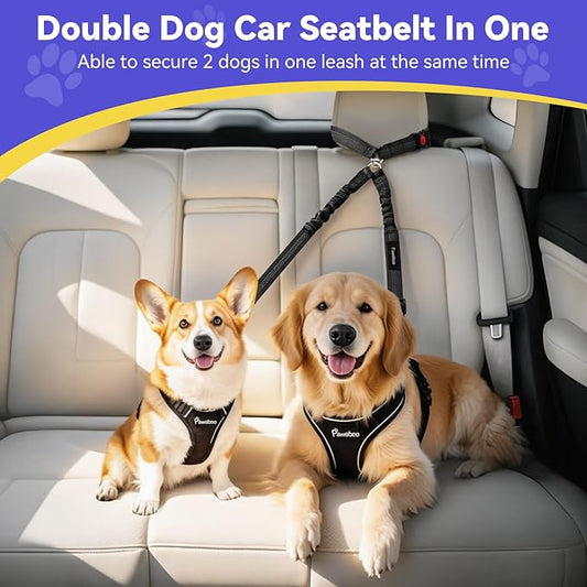 Pawaboo Dog Seat Belt for Car, Double Dogs Car Seatbelt Adjustable, 360° No Tangle Dogs Vehicle Safety Leash with Elastic Bungee Buffer, Reflective Y Shape Two Dog Cars Harness for Pets Cars Travel