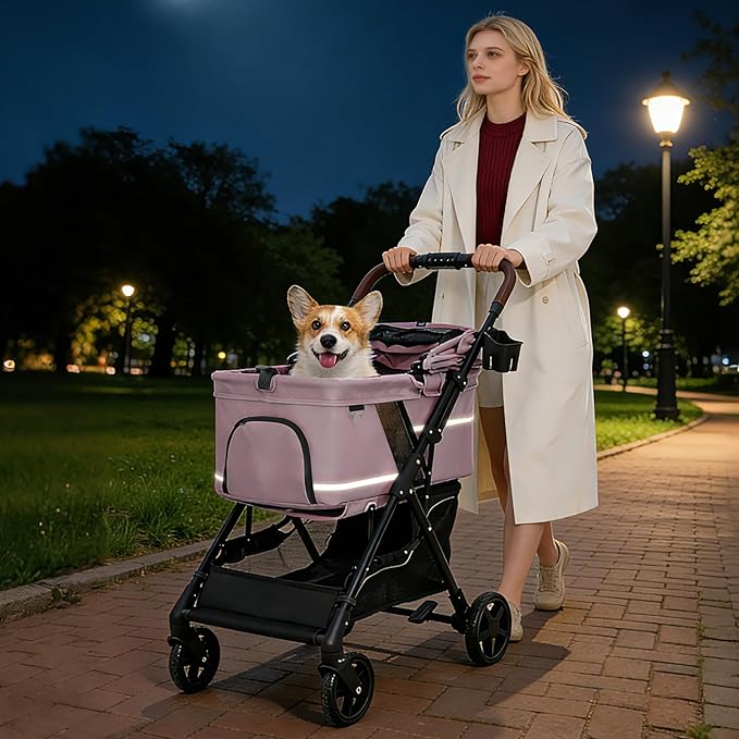 NO-Zip Pet Stroller for Small Dogs & Cats, Lightweight Dog Stroller with Reflective Safety Strips, One-Hand Fold, Claw-Proof Mesh, Breathable Travel Carriage, 33lbs Capacity, Pink