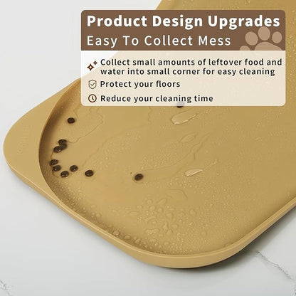 Silicone Pet Food Mat with Raised Edge for Food and Water Bowl, Dog Feeding Mats, Cat Food Trays for Floor Waterproof, Rubber Tray for Dogs and Cats, 19 x 12 x 0.7 Beige