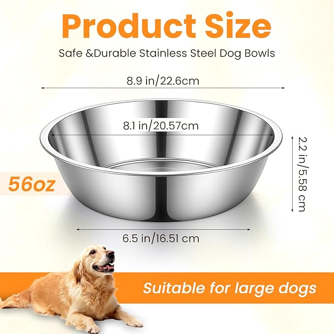 8 Pcs Large Stainless Steel Dog Bowls, 56Oz Metal Pet Food and Water Bowls, Dishwasher Safe and Easy to Clean, for Small Medium Large Dogs, Silver