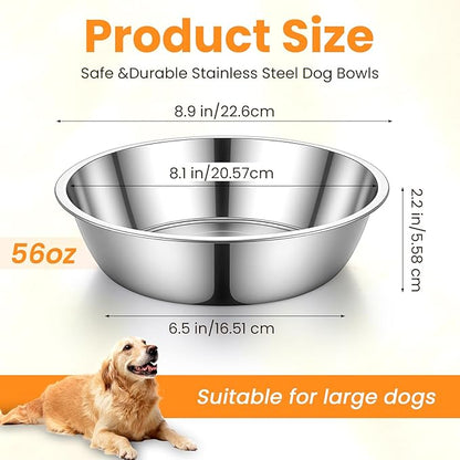 8 Pcs Large Stainless Steel Dog Bowls, 56Oz Metal Pet Food and Water Bowls, Dishwasher Safe and Easy to Clean, for Small Medium Large Dogs, Silver