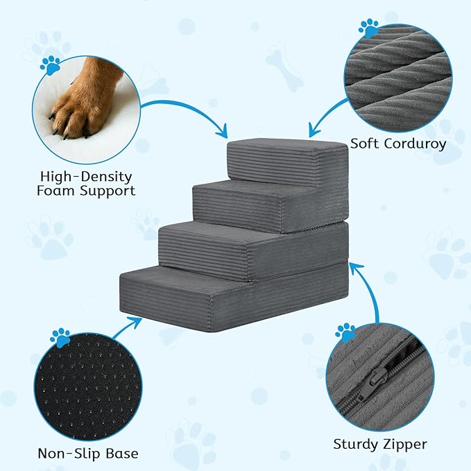 Dog Stairs for Small Dogs, 4 Step Pet Stairs for High Beds and Couch, Dog Steps for Bed Balanced 18" H, Foldable Pet Ramp for Large Cats Climb, Non-Slip Bottom Doggy Step, Dark Grey