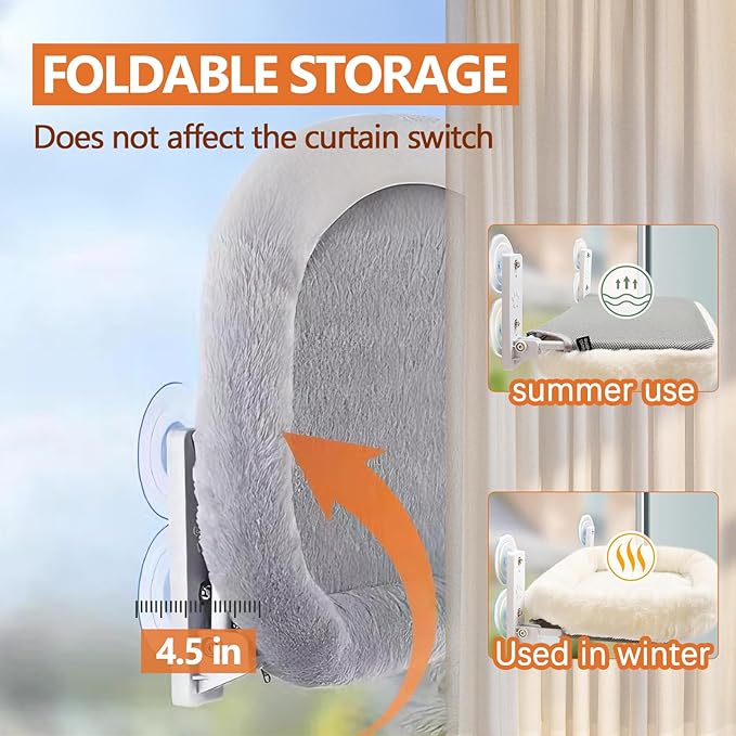 Collapsible Window Perch for Indoor Cats, Large Cats & Kittens - Equipped with a Cat-Catching Stick, Solid Metal Frame, Soft Cover, Strong 4 Suction Cup Wall Mount