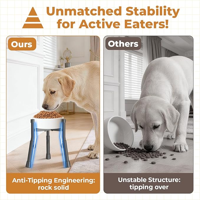 Extra-Stable Elevated Dog Bowl Stand for Large Medium Breeds, Adjustable Size 4 Heights Width 6-10in, Anti-Tip Metal Raised Food Feeder Water Dish Holder, Non-Slip Tall Single Lifted Riser
