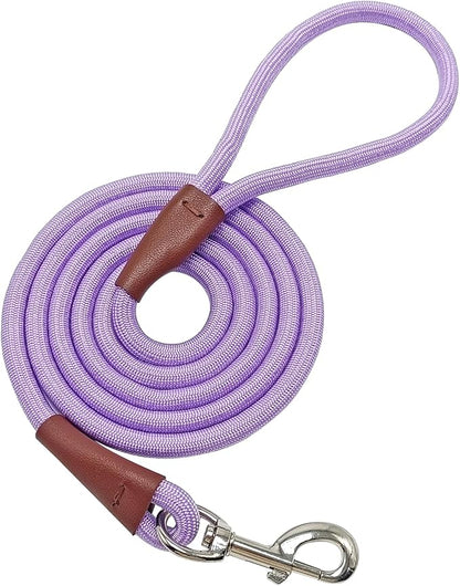 MayPaw 6/8 /10 FT Dog Leash, Classic Solid Colors, Strong Nylon Rope Dog Leash Reinforced with Leather Tailor Connection Heavy Duty Silver Clasp (Purple, 8ft*1/2")